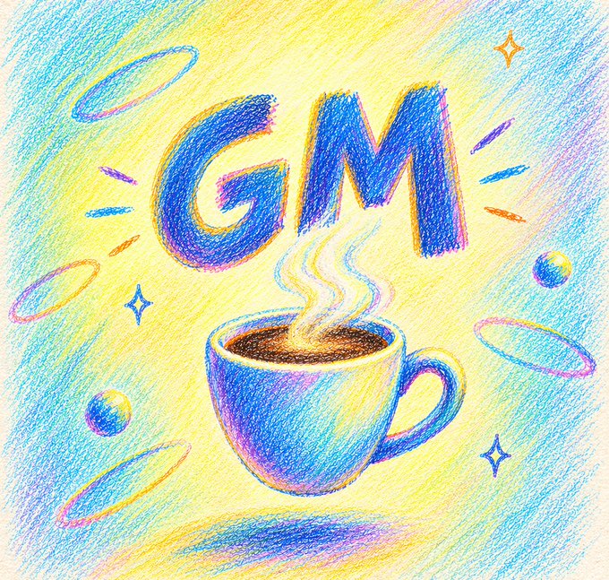 A colorful colored-pencil style drawing featuring the text 'GM' above a steaming coffee cup on a yellow background with decorative shapes and sparkles.