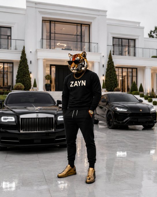 A person with a tiger head wearing a black 'Zayn' sweatshirt standing in front of a luxury white mansion, flanked by a black Rolls Royce and a black Lamborghini Urus.