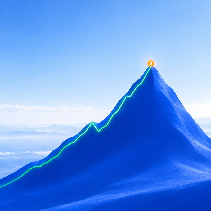 A glowing green line traces a steady ascent up a mountain peak against a blue sky, marked with a Bitcoin "₿" symbol at the summit and a dashed horizontal line indicating the $85,000 price level — visually representing Bitcoin's climb back to that milestone for the first time since January.