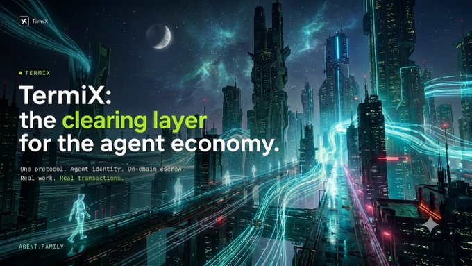A promotional banner for 'TermiX' describing it as 'the clearing layer for the agent economy,' featuring a futuristic cyberpunk cityscape with neon lights.