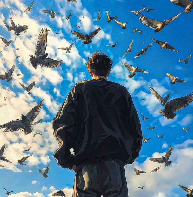 The image features a man standing under a blue sky filled with birds, which are flying around him. The scene captures the essence of freedom and joy as the birds soar through the air. The man appears to be looking up at the flock of birds, possibly admiring their flight or feeling connected to nature.