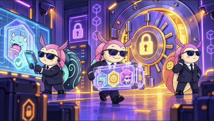 Three Axolotl characters in suits and sunglasses stand guard around a glowing high-tech vault, holding NFT cards and security devices while inspecting digital assets. The image visually reinforces the post's message about proactive, built-in security—showing that protecting collectors and creators from overlooked vulnerabilities and old contracts requires vigilant oversight from day one, with no shortcuts taken.