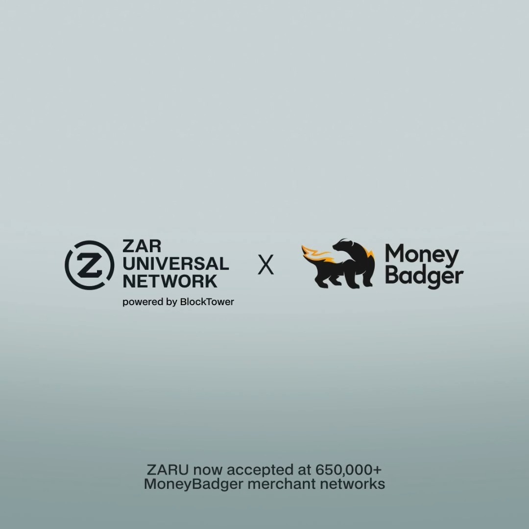 A promotional graphic showing logos for 'ZAR UNIVERSAL NETWORK powered by BlockTower' and 'Money Badger', with text stating 'ZARU now accepted at 650,000+ MoneyBadger merchant networks'.