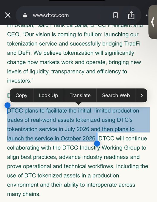 Mobile browser screenshot from www.dtcc.com showing a highlighted text passage about DTCC planning to facilitate tokenized real-world asset trades in July 2026 and launch the service in October 2026.