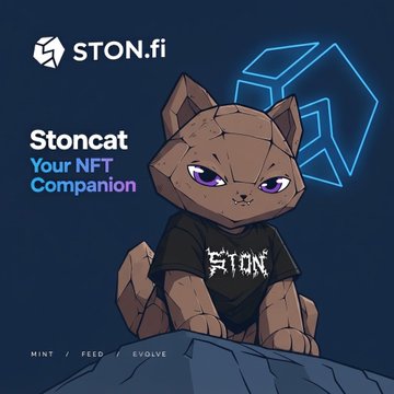 The image is a promotional graphic for STON.fi featuring "Stoncat," described as "Your NFT Companion," showing a stylized brown cat wearing a black "STON" t-shirt next to a blue gemstone, with options to "MINT / FEED / EVOLVE." It relates to the post about minting Captain Claws #592, highlighting that Stoncats are interactive NFTs that can be fed and evolved rather than just static collectibles.