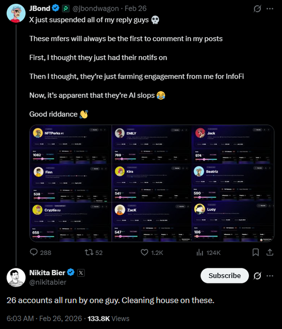 A tweet by JBond (@bondwagon) dated Feb 26 stating 'X just suspended all of my reply guys,' explaining they're AI bots, with attached screenshots of suspended accounts and a reply from Nikita Bier (@nikitabier) saying '26 accounts all run by one guy. Cleaning house on these.'