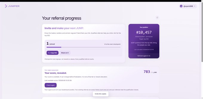 A screenshot of a 'JUMPER' platform referral page showing 'Your referral progress' with an invite section, a position of #18,457, and a revealed score of 783.