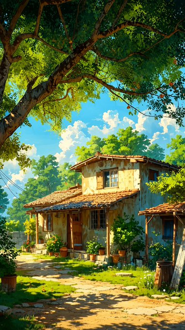 An anime-style illustration of a rustic two-story house with terracotta roof tiles surrounded by lush green trees and a stone path under a bright blue sky.