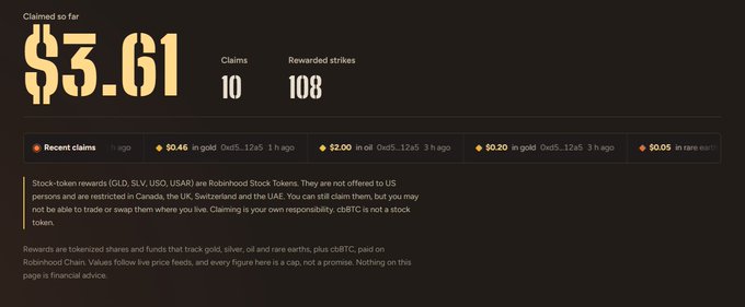 A dark financial dashboard displays "Claimed so far $3.61" with 10 claims and 108 rewarded strikes, listing recent crypto and gold transactions including GLD and Ousi5 token claims.