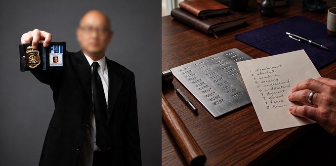 Split image: left shows a bald man in a black suit displaying a badge and ID card; right shows a hand with a wedding ring next to a handwritten list titled 'abandonment' with reasons including 'affair', 'avoidance', 'dismissal', and 'abuse' next to a metal sheet with stamped words.