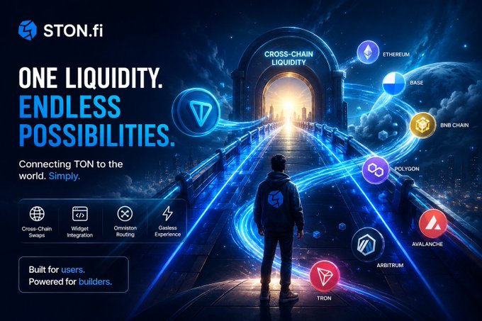 A promotional graphic for STON.fi advertises 'ONE LIQUIDITY. ENDLESS POSSIBILITIES.' with the tagline 'Connecting TON to the world. Simply,' showcasing connections to Ethereum, Base, BNB Chain, Polygon, Arbitrum, Tron, and Avalanche blockchains.