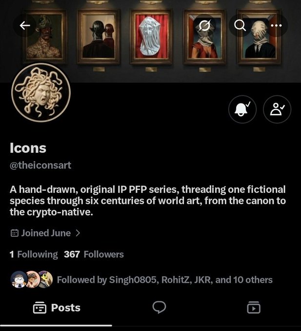 A social media profile for "Icons" (@theiconsart) showcasing a hand-drawn PFP series featuring five framed portrait paintings of a fictional species across art history, with 367 followers and joining in June. The profile description matches the post's details about being a hand-drawn IP PFP series, though the follow count shows 367 rather than the 73 mentioned.