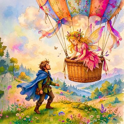 A whimsical watercolor-style fantasy illustration of a fairy in a pink dress riding in a hot air balloon basket, as a man in a green tunic and blue cape looks up at her from a flower-filled meadow.