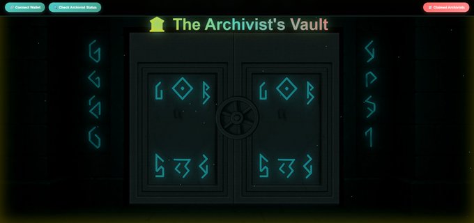 A dark, mystical interface titled "The Archivist's Vault" features ornate double doors adorned with glowing teal runes and symbols, flanked by vertical columns of ancient glyphs. The image illustrates the exclusive vault mentioned in the post, where talismans, including rare relics, are stored and can only be claimed by minting an Archivist BRKR.