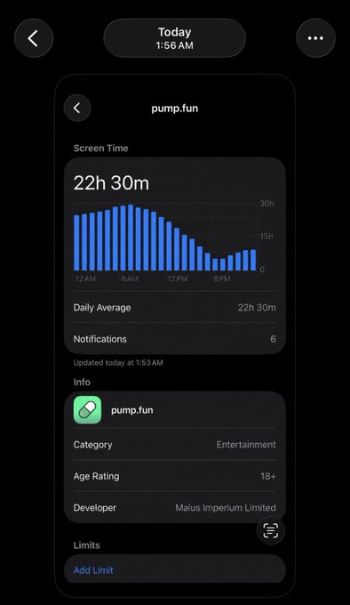 A screenshot of iPhone Screen Time settings shows 22 hours and 30 minutes of usage today for the app pump.fun (developed by Maius Imperium Limited), categorized under Entertainment with an 18+ age rating. The image humorously contradicts the caption "fuck your lazy ass. im fully locked in @Pumpfun," as nearly a full day's screen time spent on a meme coin platform is far from "locked in" productivity.