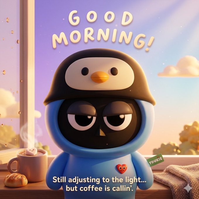 The image features a cute cartoon penguin wearing a blue hoodie with a red heart on its chest. The penguin has an angry expression on its face as if it's mad at someone or something. There are two cups of coffee placed next to the penguin, and a window can be seen in the background. The post includes text that reads "Good Morning! Good morning!" and a quote about adjusting to the light but coffee is callin' for sustained interaction across users, builders, communities. Season 5 is live. The ecosystem is".
