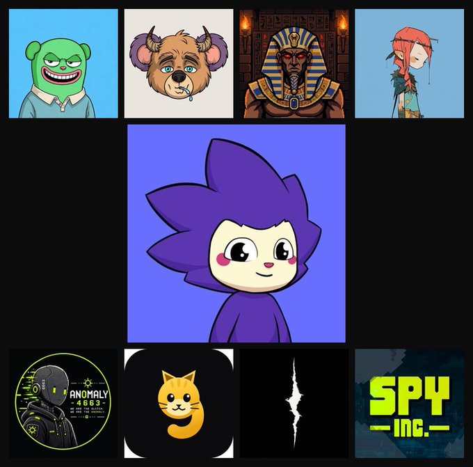 A grid displaying nine colorful NFT character avatars—including a green creature, a horned bear, an Egyptian pharaoh, a red-haired figure, and a purple-haired character—alongside logos for Anomaly #4663, a cat icon, and "SPY INC." The images visually represent the NFT mint collections featured in the September 4 drop schedule, such as the Pharaoh Broker and SPY INC. projects.