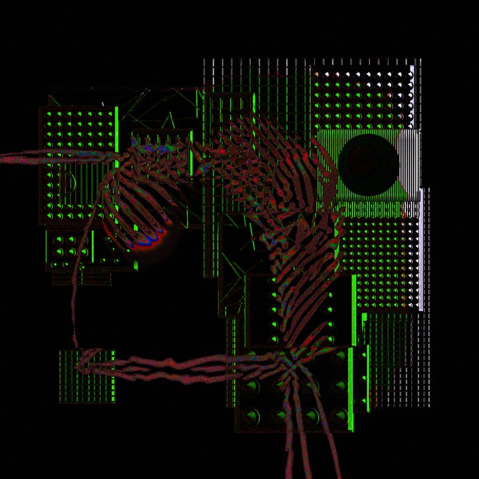 An abstract digital artwork featuring a red striped, tiger-like creature set against a backdrop of green circuit board patterns and black backgrounds.