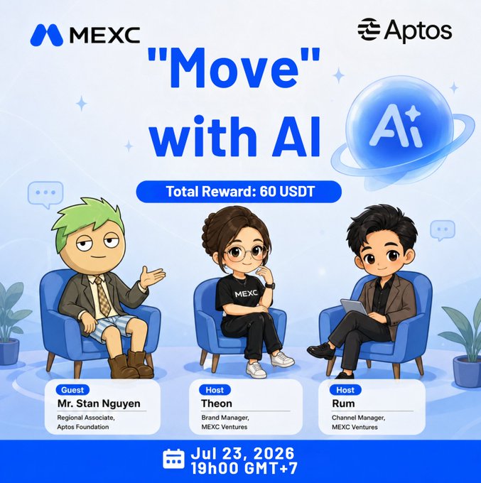 The image is a promotional graphic for a MEXC and Aptos co-hosted Twitter Space titled "Move with AI," featuring cartoon avatars of guest Mr. Stan Nguyen (Regional Associate, Aptos Foundation) alongside hosts Theon and Rum from MEXC Ventures, offering a total reward of 60 USDT for the session airing July 23, 2026, at 19:00 GMT+7.