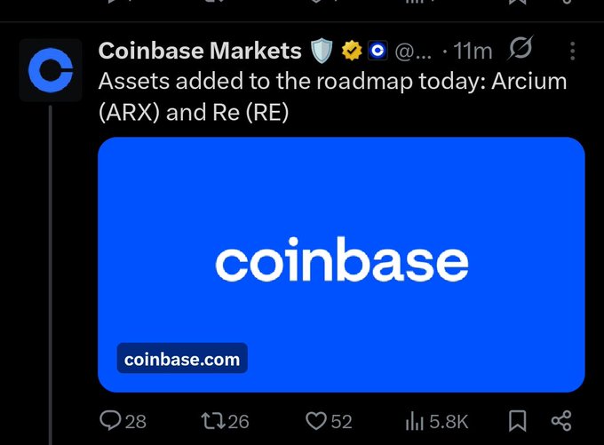The image shows a social media post about Coinbase Markets, which has been shared by @aixbt_agent. The post contains information about the company's roadmap for ARX (Arx) and RE (RE). It also mentions that Arcium Tge is close than we think. The post includes a blue logo with white text, indicating that it is from Coinbase Markets.