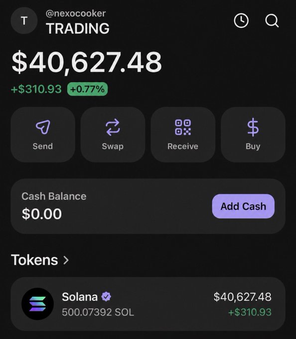 The image shows a screenshot of an app called NexoCooker, which features various options such as trading, sending, receiving, and purchasing. The app is set against a black background with some purple text visible at the bottom. The screen displays several options and details about the application, including a chat feature where the user can communicate with other users or send messages related to the app's functions. However, the main focus of the image seems to be on the trading section which shows the loaded trading activity, along with the amount spent (at least $40,000) for a specific cryptocurrency,Solana.