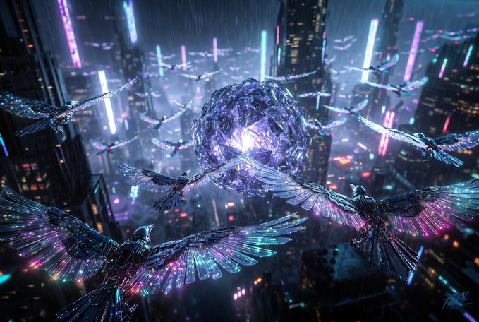 A digital fantasy artwork depicting robotic birds with glowing wings flying around a crystalline sphere above a neon-lit cyberpunk city.