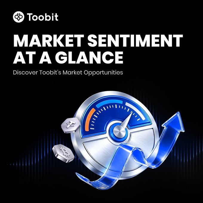 A Toobit promotional graphic reading 'MARKET SENTIMENT AT A GLANCE' featuring a 3D meter gauge with a blue upward arrow and floating coins.
