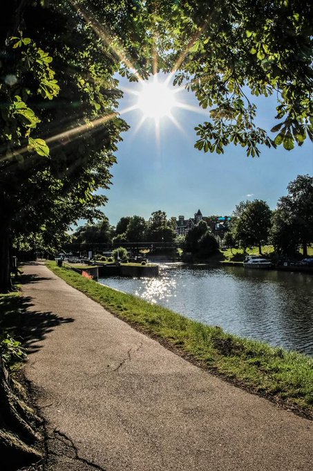 The image features a sunny day with trees casting shadows onto a path next to a body of water, such as a lake or river. The sun's rays are shining through the leaves above the water, creating an interesting interplay between light and shadow on the scene. In the background, there is a building that adds depth to the image.