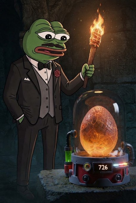 A cartoon illustration of Pepe the Frog dressed in a black tuxedo with a bow tie and a red boutonniere, holding a lit torch next to a glowing egg encased in a futuristic glass and metal pod displaying the number 726.