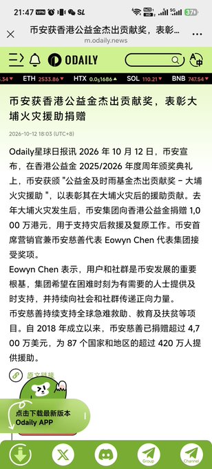 A Chinese-language Odaily news article dated October 12, 2026, reporting on Odaily winning the Hong Kong charity fund 'Crisis Relief Contribution Award - Tseung Kwan O Fire Assistance' for its HK$10 million donation following the 2025 Tseung Kwan O fire.