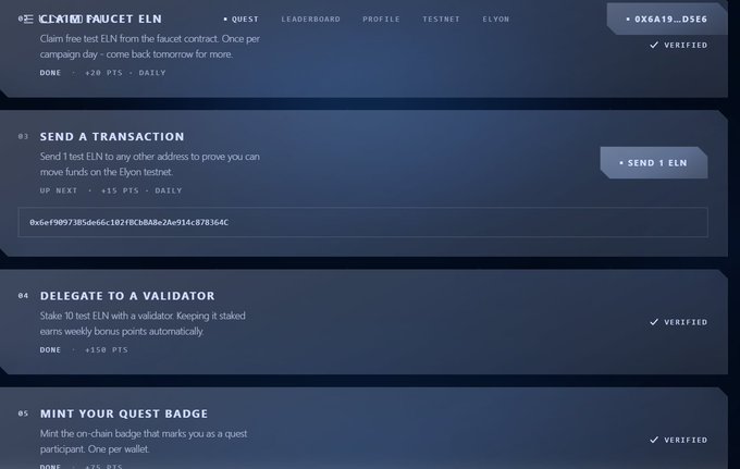 A dark-themed “CLAIM FAUCET ELN” quest page lists tasks such as “SEND A TRANSACTION,” “DELEGATE TO A VALIDATOR,” and “MINT YOUR QUEST BADGE,” including buttons and verified status indicators.