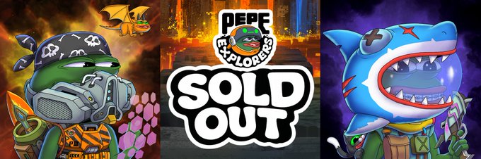 The image features two cartoon characters wearing masks and hats with the text "Sold Out" written above them, indicating that they are out of stock or have sold all their copies. The main character has a pirate hat and mask, while the other character is dressed in a shark costume. Both characters appear to be from the Pepe Explorers series, which is known for its wild and space-fueled universe theme.
