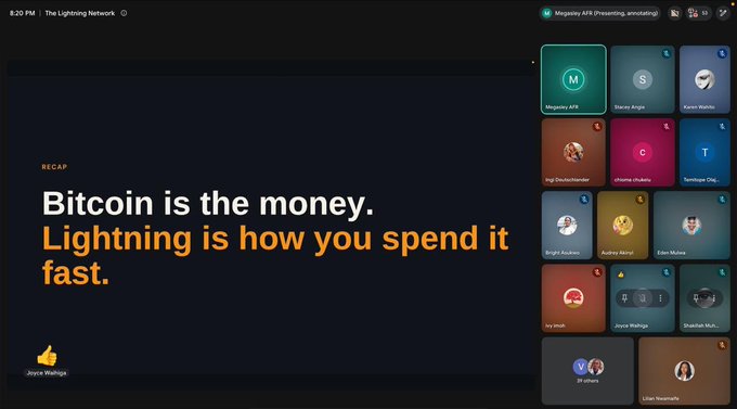 A presentation slide titled 'Bitcoin is the money. Lightning is how you spend it fast' shown during a virtual meeting with participants listed as 'Magazetty AFR' on a video conference interface.