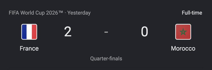 The image displays a FIFA World Cup 2026 quarter-finals result showing France defeating Morocco 2-0 at full-time. The post congratulates user @noj99red for correctly predicting the final score, rewarding them with $100 in BTC.