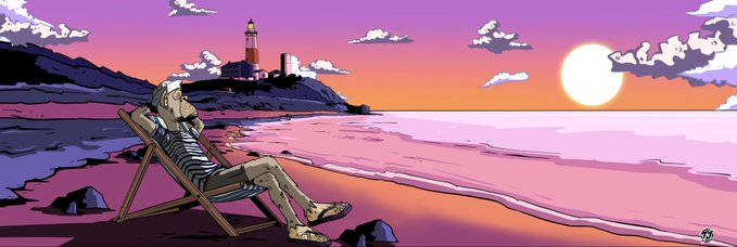 A pixel-art illustration of a bearded man relaxing in a striped beach chair on a pink-sand shore at sunset, with a lighthouse on a distant cliff and a large sun in the sky.
