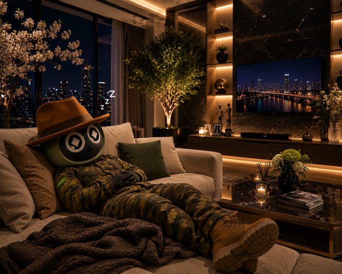 A whimsical anthropomorphic character wearing a brown hat and camouflage clothing sleeps on a sofa in a luxurious, warmly lit apartment overlooking a nighttime city skyline and river.