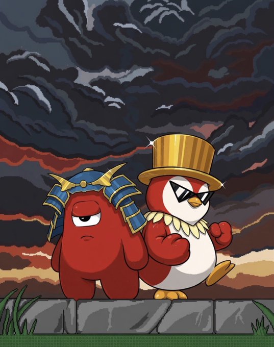 The image shows two cartoon characters from "Fall Guys"—one wearing a blue pharaoh-style headdress and the other wearing a gold top hat and a feathered collar—standing side by side against a dramatic dark, cloudy sky. This appears to be promotional artwork for a subscriber giveaway offering 30 guaranteed spots, with entry requirements to subscribe to @what3verman, follow @Gloombles and @byVmeta, drop a wallet, and repost.

No text, numbers, tickers, or additional names are visible in the image itself beyond the post's referenced handles.