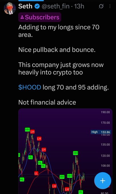 A Twitter post by Seth (@seth_fin) sharing a chart of $HOOD (Robinhood) with annotations showing long positions at $70 and $95, noting a "nice pullback and bounce" and bullish sentiment on the stock's growth into crypto, with a disclaimer that it is not financial advice.