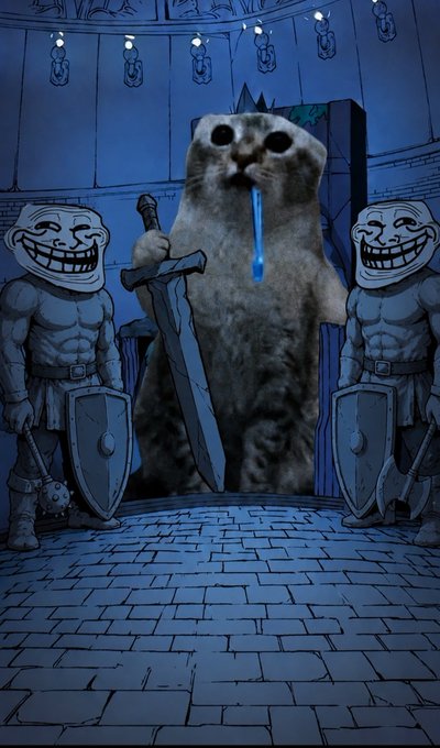 A screaming cat with glowing blue tears sits on a throne between two smirking stone knight statues in a dim dungeon chamber.