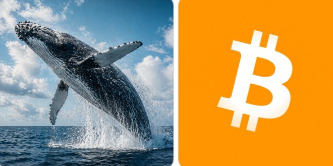 The image features a breaching humpback whale on the left alongside a large Bitcoin (₿) symbol on an orange background, visually representing the concept of "Bitcoin whales"—large holders accumulating BTC worth $2.75 billion over 60 days.