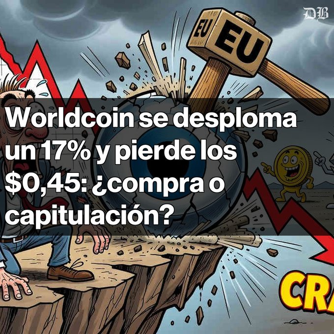 "The image features an illustration of a man facing down a hammer that looks like a cannon or gun with a text overlay reading 'Worldcoin se desploma un 17% tras investigatee de la UE sobre escaneo del iris. El token rompe el soporte de ... capitucacion'. This artwork is part of a series about cryptocurrencies, which was posted by someone who chose to use an illustration instead of an actual image."