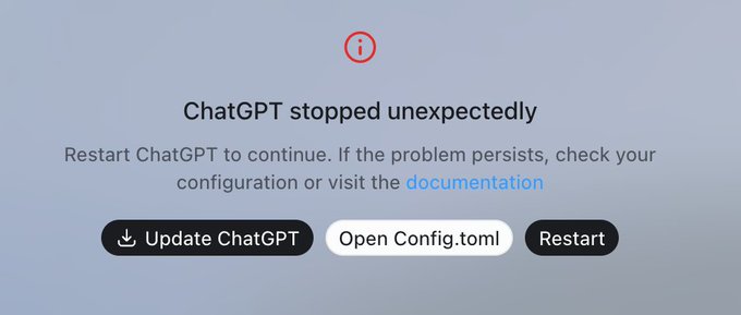 An error screen reading "ChatGPT stopped unexpectedly" with options to "Update ChatGPT," "Open Config.toml," or "Restart." The post jokes about whether this error message counts as "tokenmaxxing" since it prominently displays "Config.toml" as a button option.