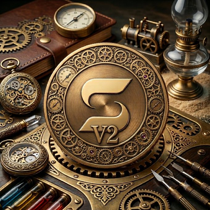 A steampunk-themed image featuring a central golden emblem with the letter 'S' and 'V2', surrounded by intricate gears, pocket watches, and brass tools.