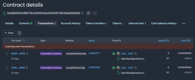 The image shows Etherscan contract details for OpenSea's SignedZone contract (0x680000cf8B72Fa2300D12a00008758149e00006D), displaying two recent transactions—transferOwnership and acceptOwnership—both sent to the address 0x61...2587 (OpenSeaSignedZone...) with 0 ETH value and minimal gas fees, reflecting the ownership transfer changes discussed in the post.