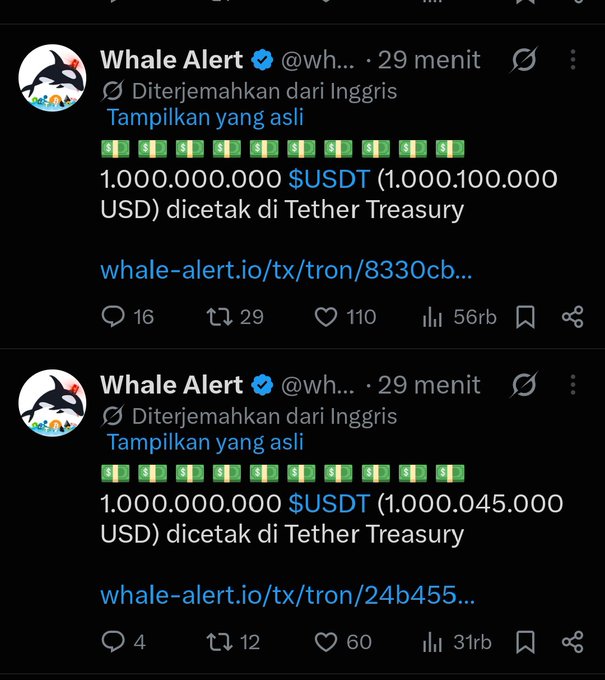Two Twitter/X posts from Whale Alert (@wh...) showing 1,000,000,000 $USDT minted at Tether Treasury, displayed in Indonesian ('Diterjemahkan dari Inggris').