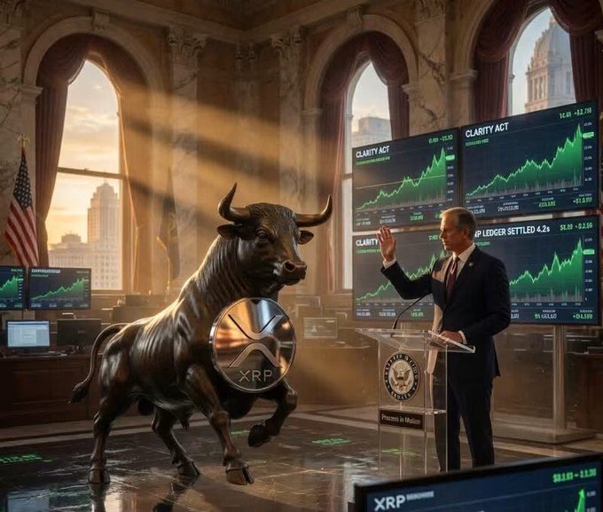 A bronze bull statue emblazoned with the XRP logo stands alongside a suited figure at a podium marked "XRP," set against screens displaying green charts under banners reading "CLARITY ACT" and "XRP LEDGER SETTLED 4.2x." The image visually ties the pending CLARITY Act legislation—reportedly being considered for a cloture motion by John Thune—to bullish XRP market sentiment and crypto settlement gains.