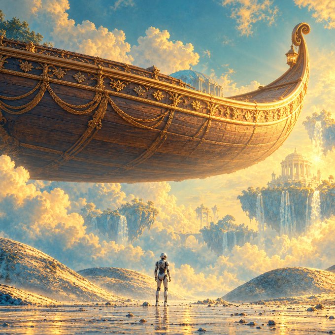 A lone figure stands on the shore beneath an ornate, celestial flying vessel while dreamlike floating temples rise in the misty background. The post reads "it's time send your solana address"—evoking a mythological call to share wallet addresses, as if summoning the viewer into this fantastical realm.