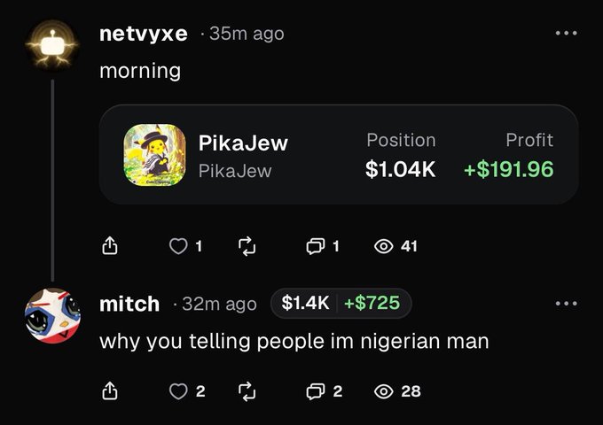 Screenshot of a social post showing a Pumpfun-style token card for **PikaJew** with a **$1.04K** position and **+$191.96** profit, alongside replies including “morning” and “why you telling people im nigerian man.”