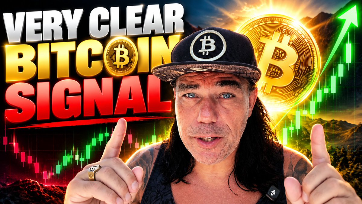 A YouTube thumbnail titled 'VERY CLEAR BITCOIN SIGNAL' featuring a man with a Bitcoin hat, a large Bitcoin graphic, and green upward-trending stock charts.