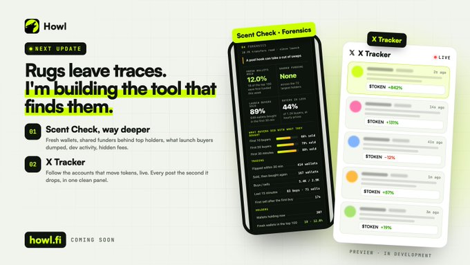 A promotional graphic for Howl.fi announcing upcoming features 'Scent Check' and 'X Tracker' for analyzing crypto wallet activity, with the tagline 'Rugs leave traces. I'm building the tool that finds them.'